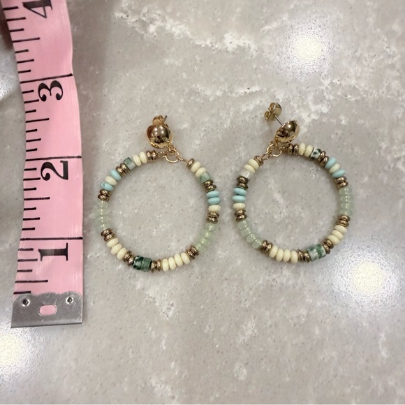 LOFT Getaway Pastel Beaded Hoop Earrings Gold Bell Charm NWT - Picture 2 of 3
